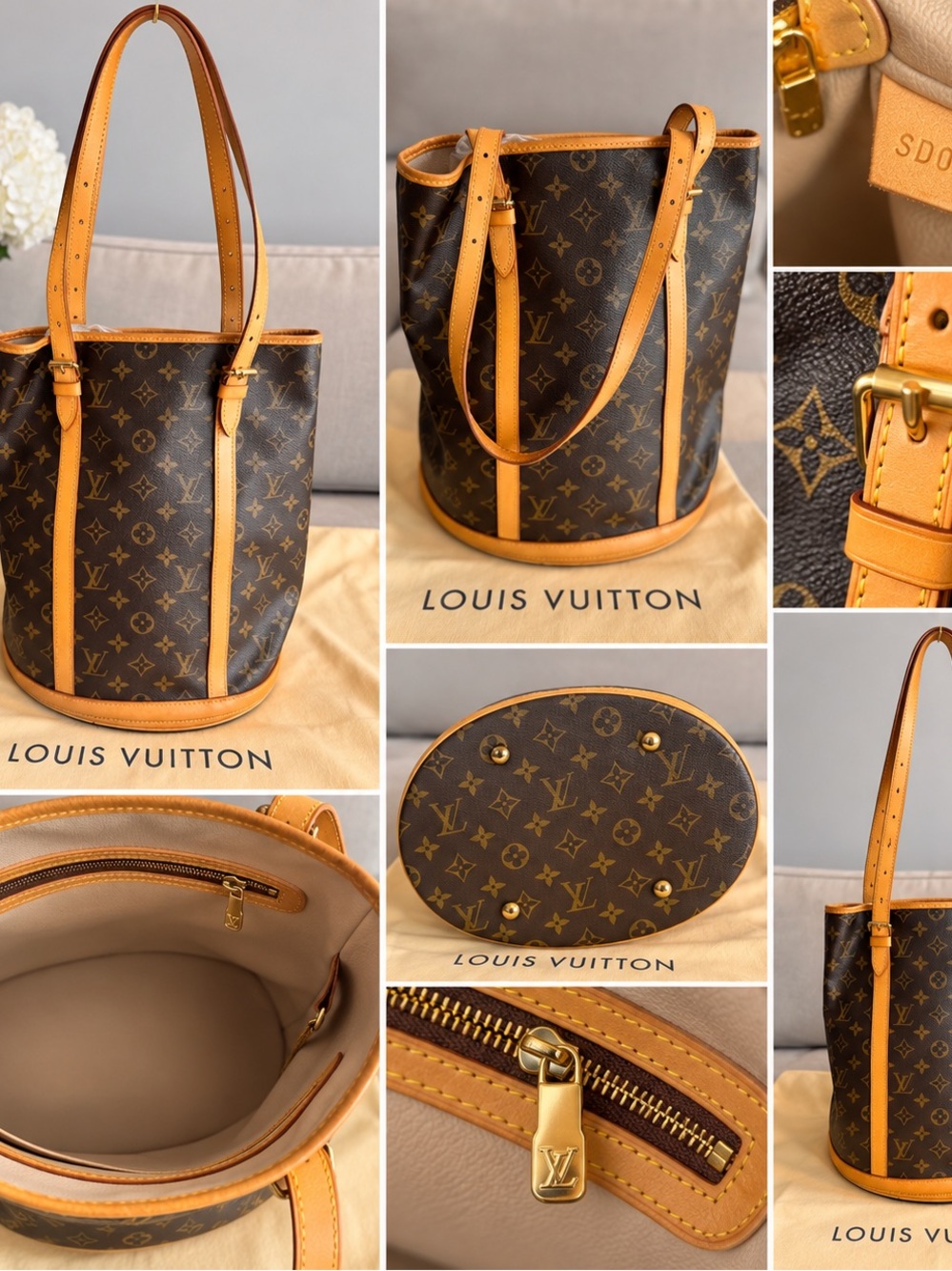 Louis Vuitton Monogram Bucket Tote in Brown & Tan Leather Trim